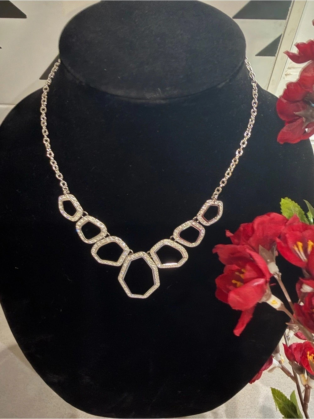 Touchstone Crystal By Swarovski Geometric Rhinestone Statement Necklace in Silve